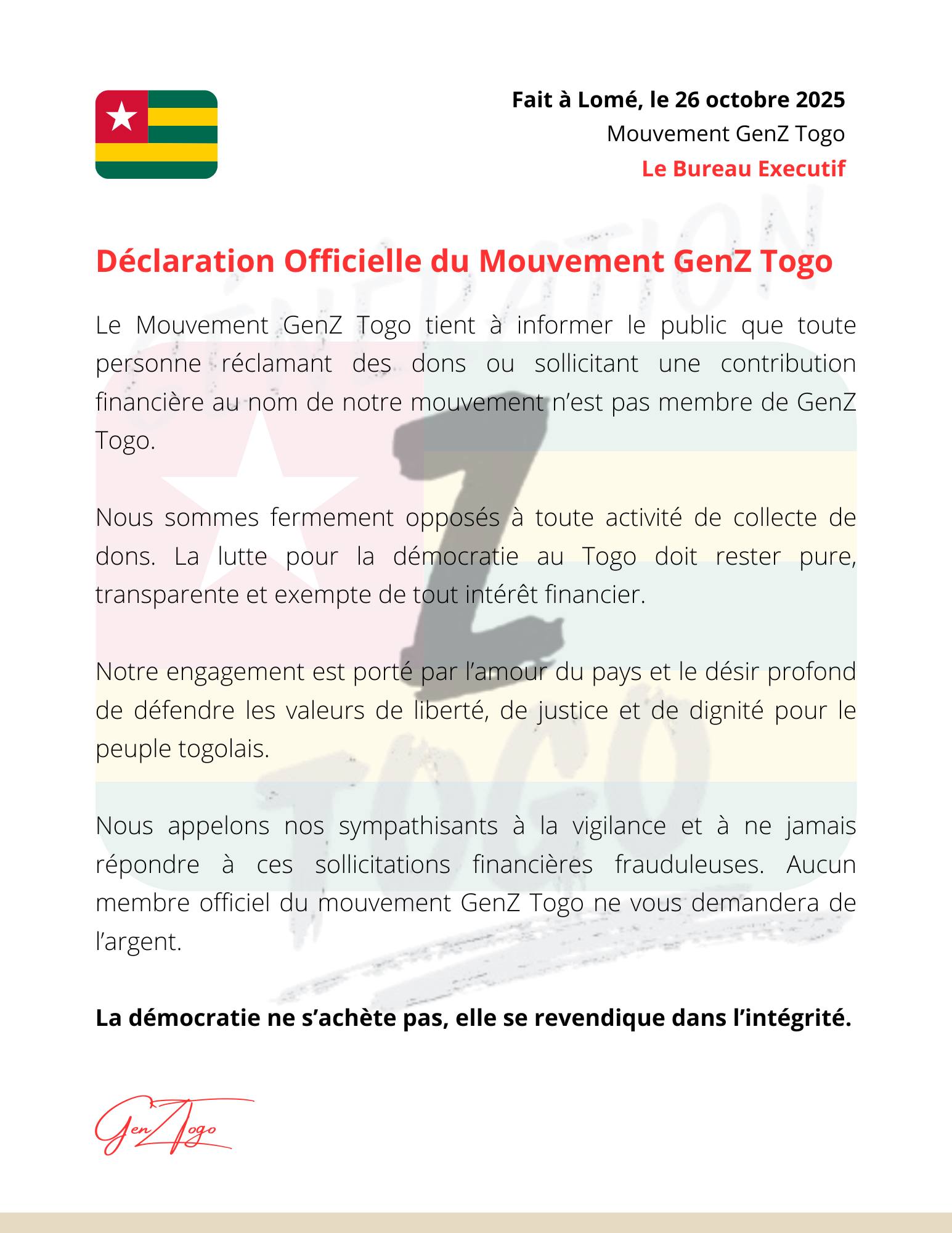 Déclaration du Mouvement GEN Z TOGO